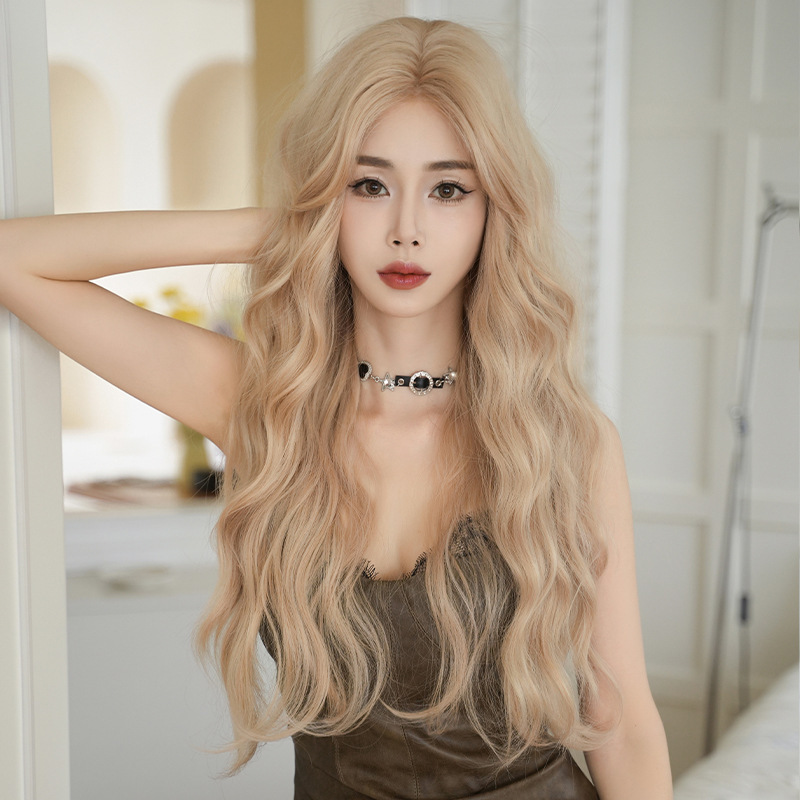 Summer New Style Wig Women's Long Curly Hair Cream Golden Chemical Fiber Simulation Mid-line Lace Full Top Hook Wig Summer New Style Wig Women's Long Curly Hair Cream Golden Chemical Fiber Simulation Mid-line Lace Full Top Hook Wig