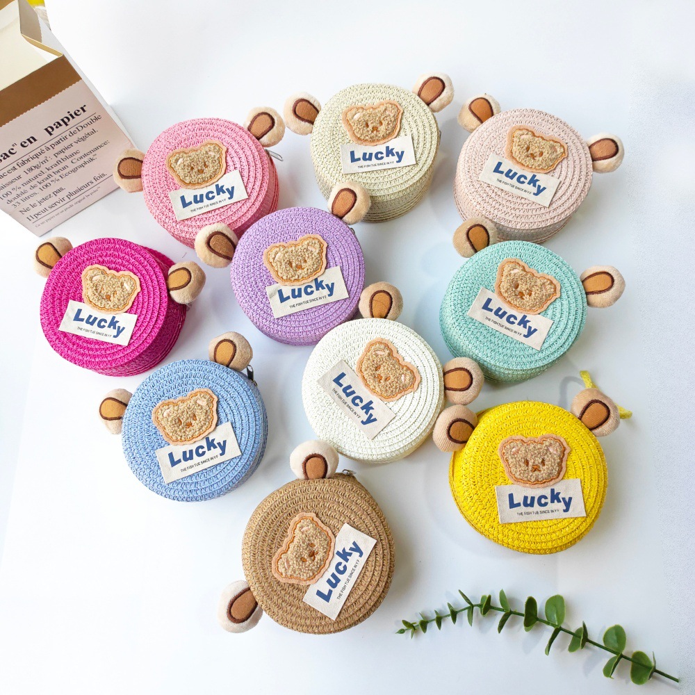 Summer Children's Straw Bear Bag, Cute Cross-Body Coin Purse for Boys and Girls, Beach Outing, Women's Mobile Phone Woven Bag
