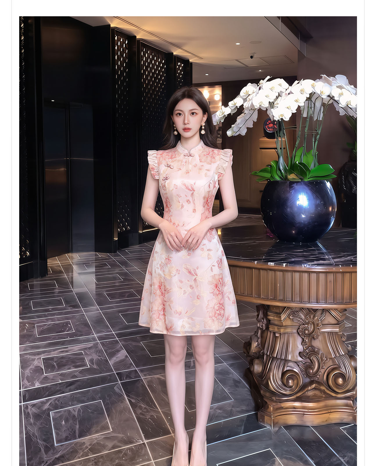 Đầm maxi nữ thắt eo họa tiết hoa nhí tay bèo phong cách Tân Trung Quốc — màu hồng chi tiết 7