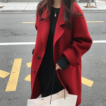 2022新款韓版中長款羊絨過膝大衣赫本風女士紅色毛呢外套秋季呢子