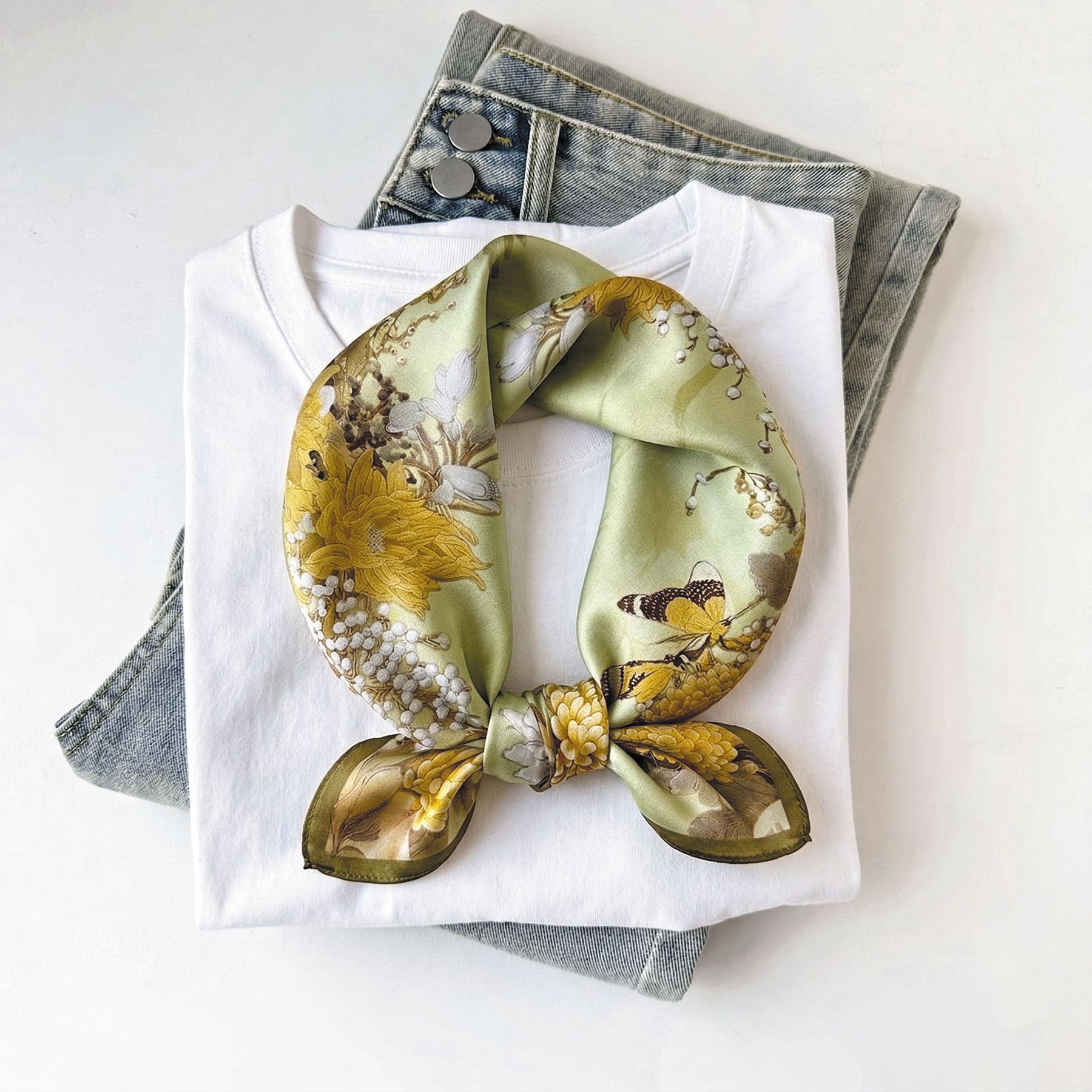 Spring/Autumn Fashion Silk Scarf, Mulberry Silk Square Scarf For Women, Thin Necktie, Gift Ready, French Satin Silk - Thumbnail 7