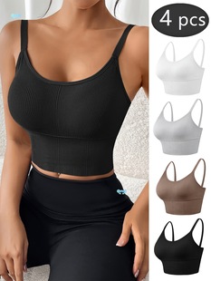 4Pcs, Plus Size, Sports Bras, Tank Tops, Solid Color,