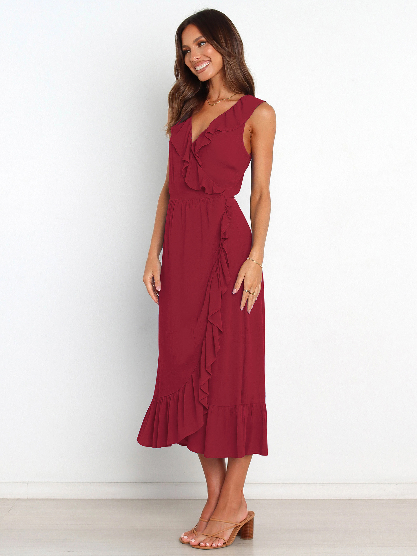 Elegant Solid Color V Neck Sleeveless Ruffles Viscose fiber Midi Dress Regular Dress