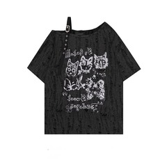 アメリカのレトロな猫の落書きは穴が開いています。半袖tシャツは女性です。
