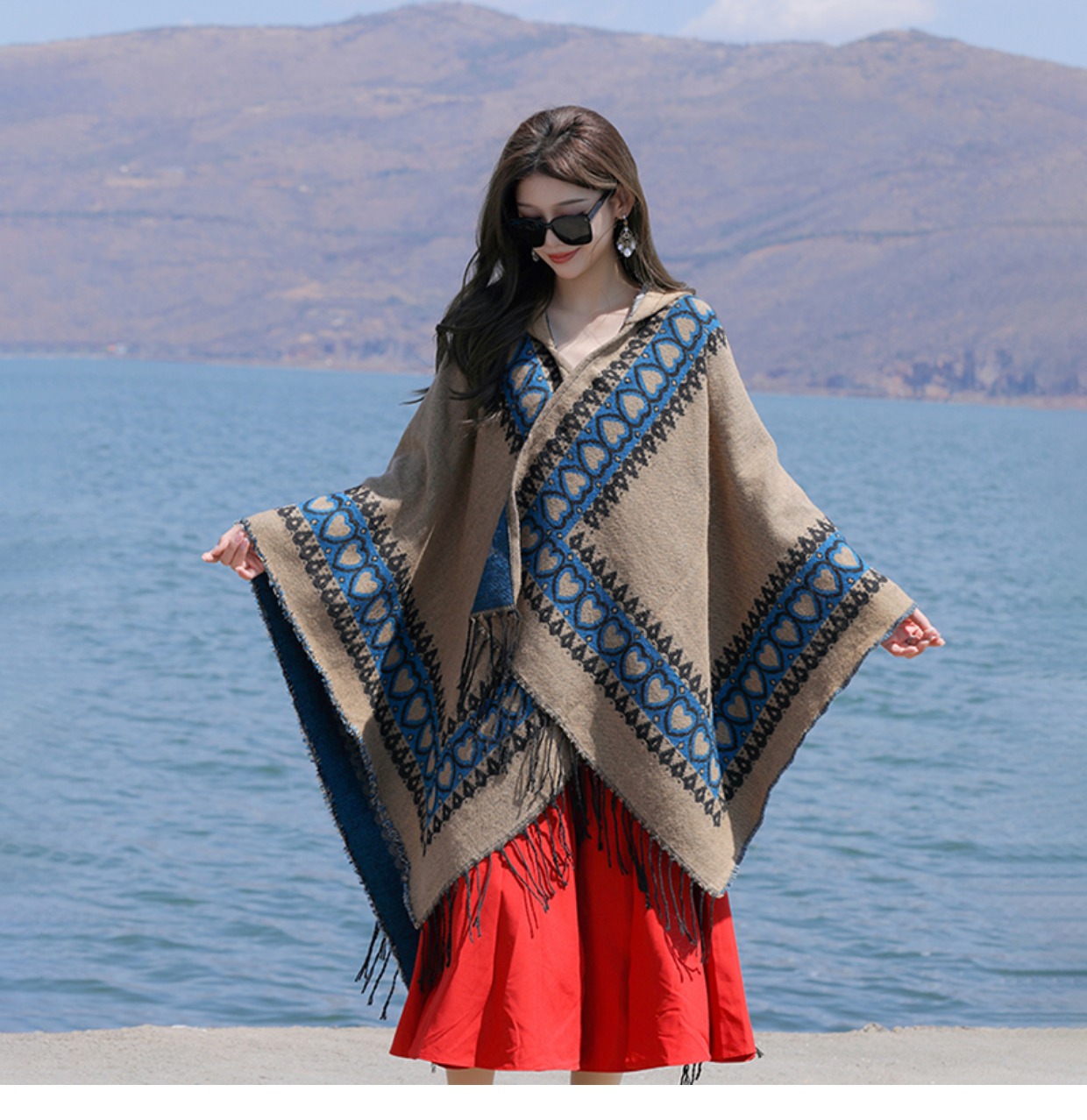 Roter Schal im ethnischen Stil, verdickter warmer Schal, für Frauen, Reisen mit Yunnan Xinjiang Xizang-Umhang mit Kapuze_voghion.com