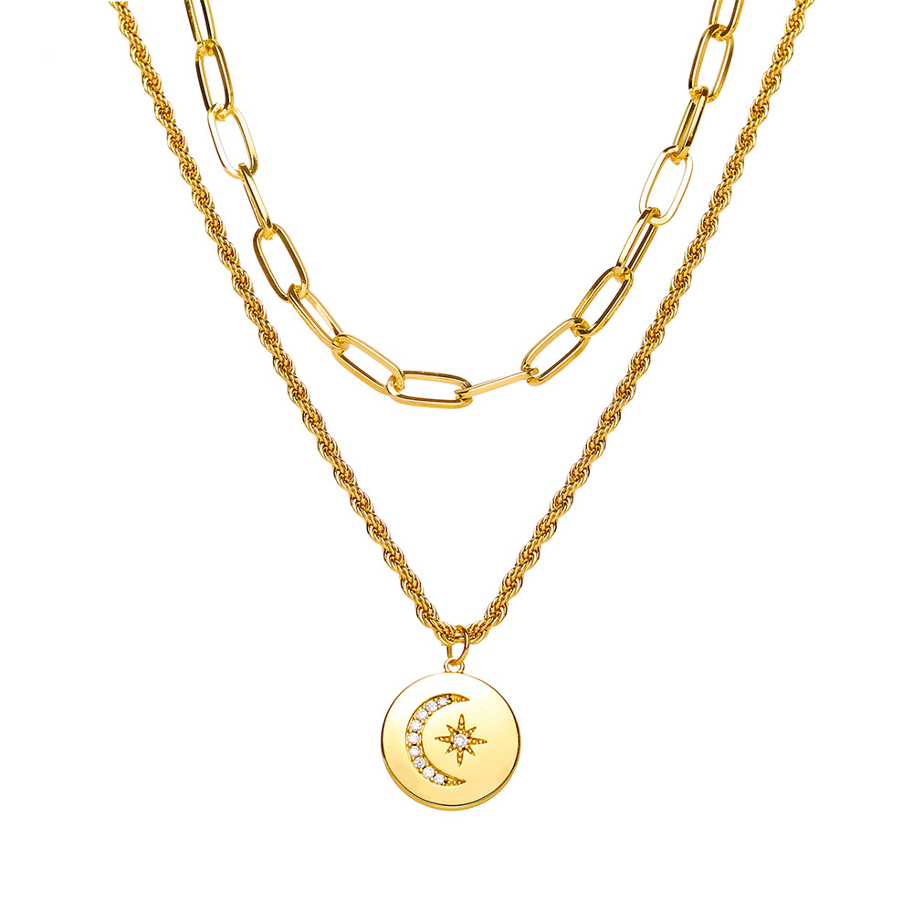 ins Style Creative Stacked Multi-layer Necklace Round Moon Tagging Necklace Cross-border Copper-plated Double-layer Stacked Pendant_voghion.com