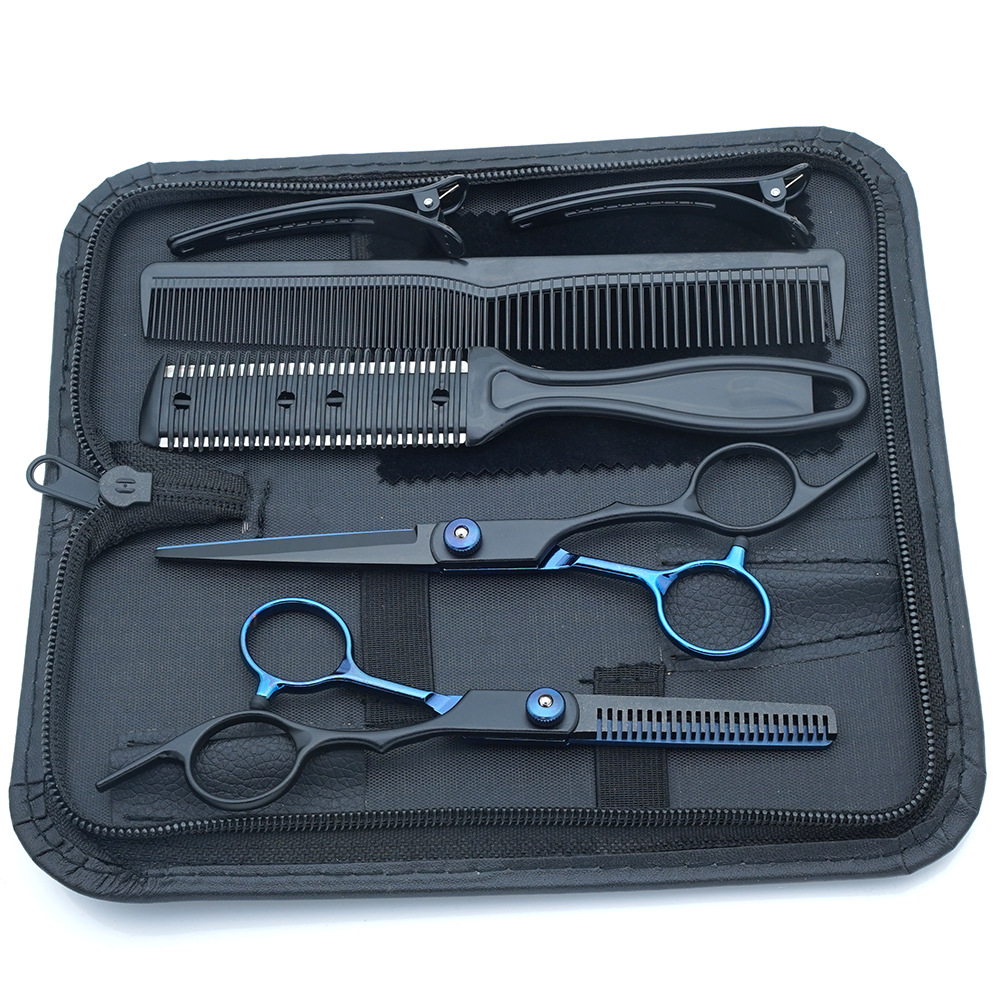Fabricante al por mayor tijeras de corte de cabello transfronterizo Amazon negro dorado plano tijeras de dientes con flequillo fino tijeras divididas juego de tijeras de cabello