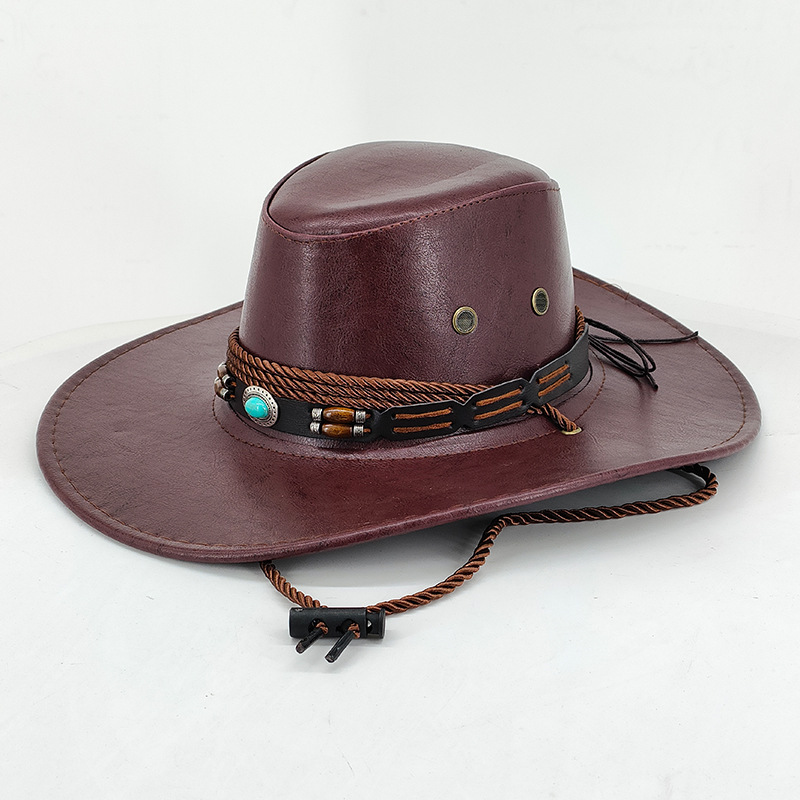 Unisex Ethnischer Windschatten Western Cowboyhut Glänzender Retro Leder Outdoor Sonnencreme Gerollter Ritterzylinder_voghion.com