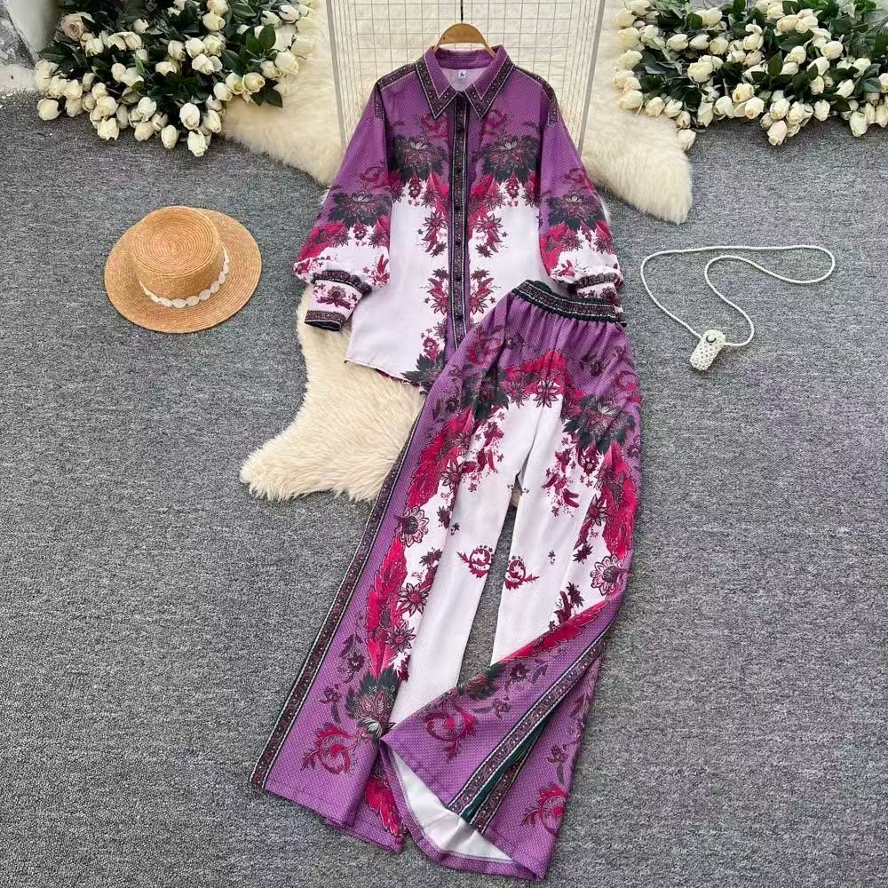 Women's European Style Chic Printed Shirt And Pants Set Casual Long Sleeve Loose Fit High Waist Wide Leg Straight Pants Autumn Wear_ecoleips.com