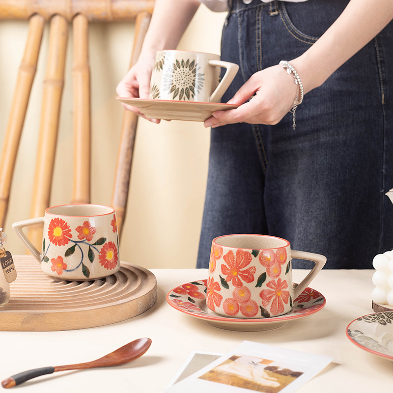 Juego de cerámica creativo para latte art, taza para oficina, té de la tarde, taza de café de cerámica rústica con platillo, caja de regalo
