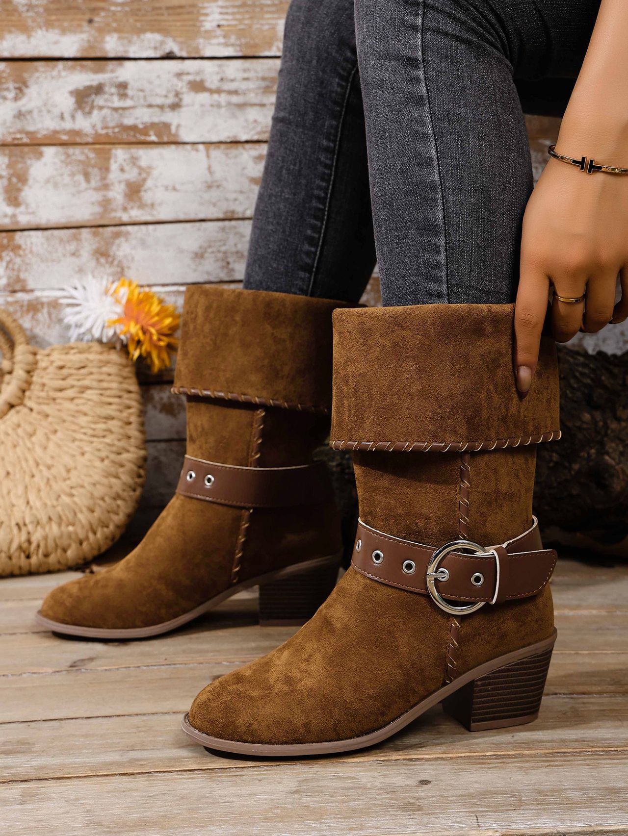 Women's Mid Calf Cowboy Boots For Women With Buckle And Chunky Heel_voghion.com