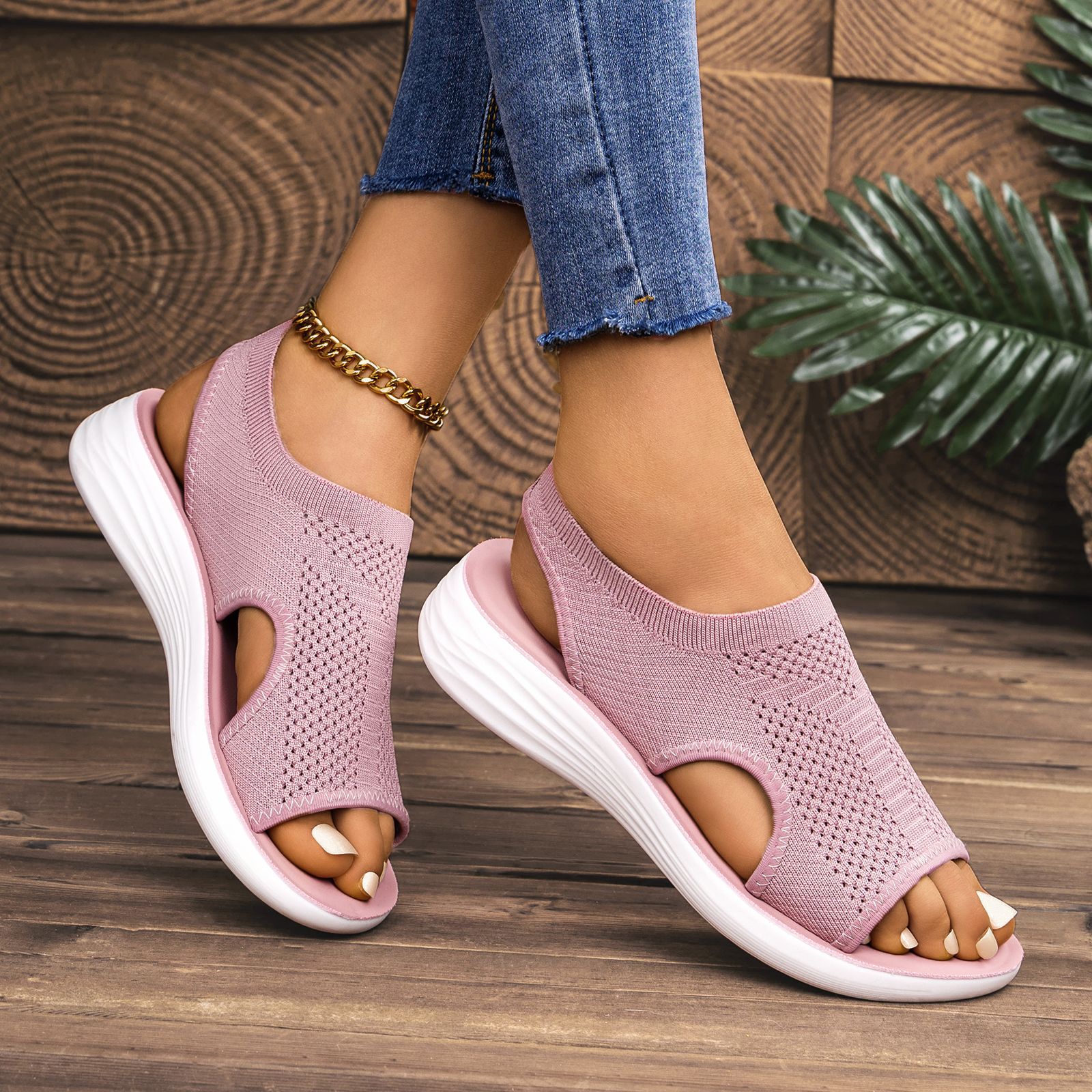 Zapatos de playa casuales de moda de verano, sandalias de tejido volador, zapatos romanos huecos, zapatos de mujer transfronterizos