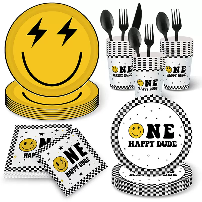 黄色笑脸主题儿童生日纸杯纸盘纸巾刀叉勺餐具套装婴儿沐浴周岁宴