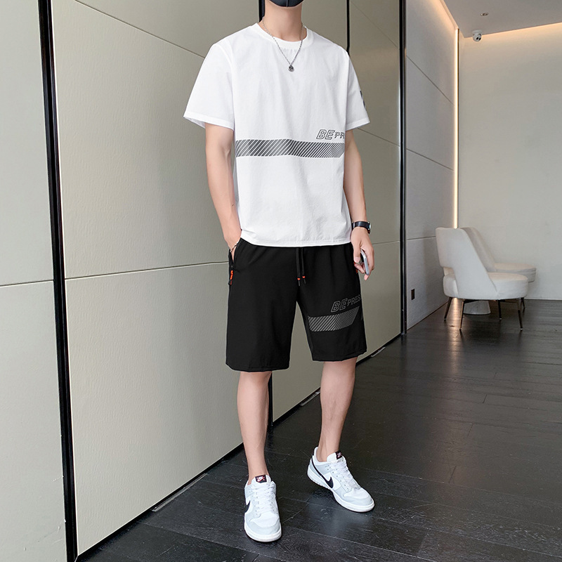 Hielo rápido secado camiseta de hombre cuello redondo verano delgado suelto mangas cortas deportivo casual de dos piezas pantalones cortos