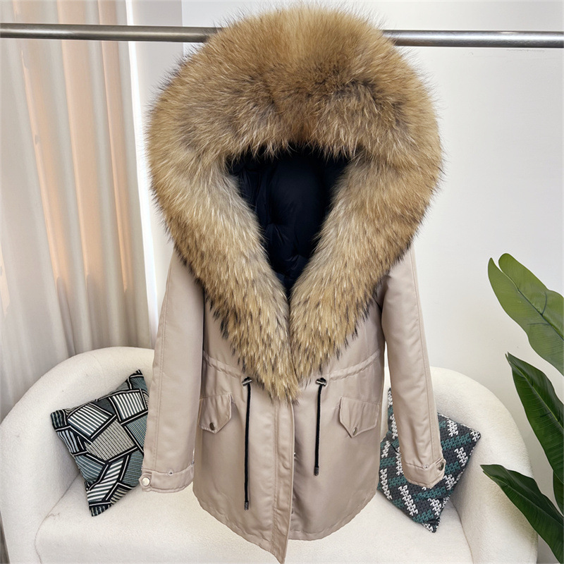 Damenbekleidung Abnehmbarer Parka aus Fuchspelz Mittellanger Kapuzenmantel_voghion.com