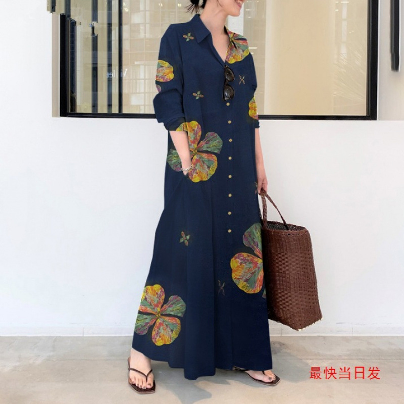 2026 In-Stock Foreign Trade Printed Plus-Size Long-Sleeve Pocketed Simple Loose Artistic Casual Long Shirt Dress