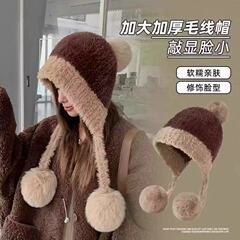冬季防寒帽大头围毛绒挂球可爱护耳帽子女遮耳加绒加厚拼色户外帽