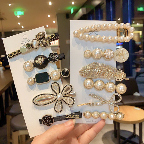 Women girls fashion vintage Pearl headdress with fringe clip Side clip set photos shooting Duckbill clip five-piece one set