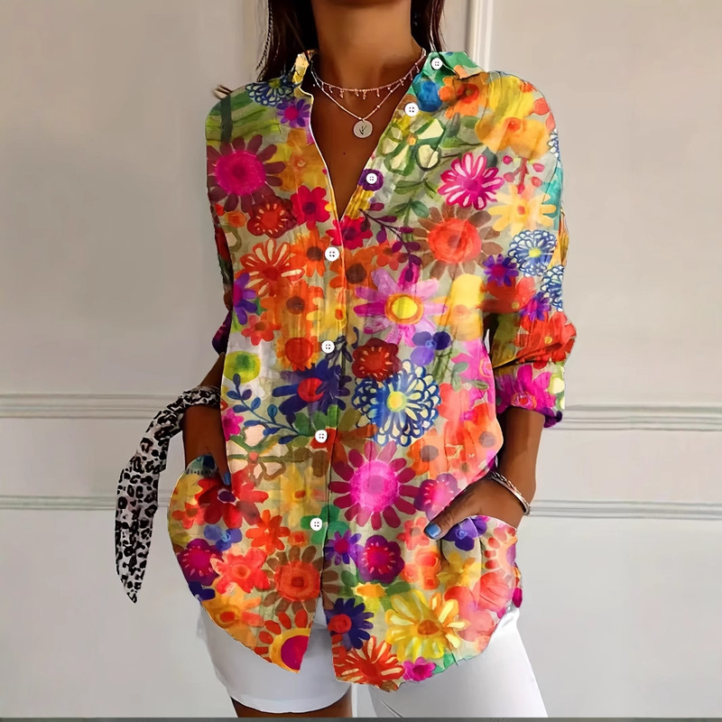 European and American Cross-border Amazon 2025 Spring and Summer New Women's Button Printed Casual Shirt Top