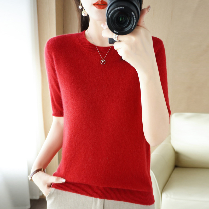 Cross-Border Autum Round Neck Short-Sleeved Knitwear Women's Knitwear Loose Women's Tops Bottoming Shirt Half-Sleeved T-Shirt Women 202