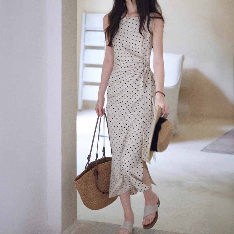 Er Yang [Songjianyue] High-End Elegant Polka Dot Dress Women's Side Waist Linen Cotton French Long Skirt