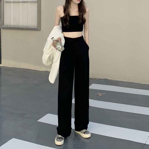 Women's 2025 High-Waisted Grey Suit Pants with Droopy Floor-Length Wide Leg Straight Loose Trousers