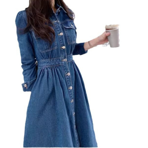 (2개) 한국 스타일의 우아한 긴 소매 데님 원피스 여성의 2024 가을 새로운 허리 긴 원피스 느슨한 슬리밍 A 라인 스커트