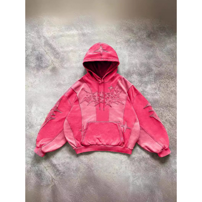 Y2K Patchwork Hoodie – Heavyweight 3D Graphic Pullover With Oversized Fit (S-2XL, Unisex Streetwear In Wine/Black/Pink)_voghion.com