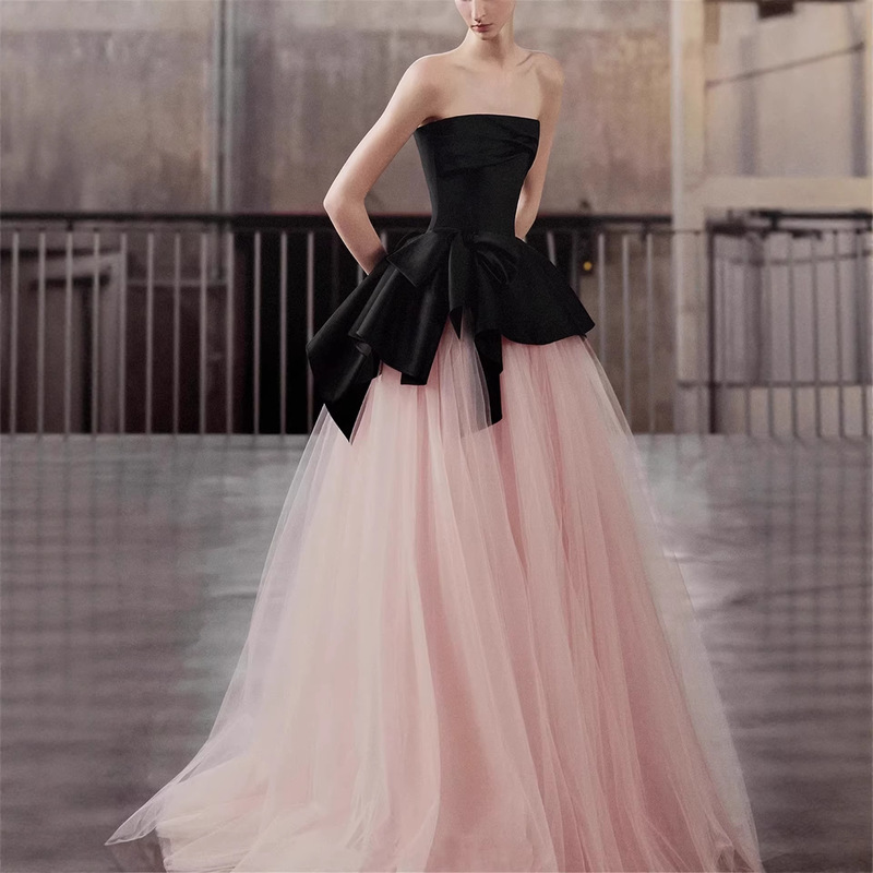 Black and Pink Strapless Evening Gown for Women 2026 New Model, Suitable for Toasting, Birthday, Coming-Of-Age Ceremony, Annual Meeting, Host, and Performance Attire