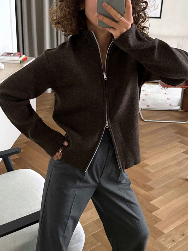 Áo khoác cardigan len dệt kim cổ đứng khóa kéo hai chiều dài tay — Màu nâu cà phê, Màu trắng, màu đen, màu đỏ chi tiết 24