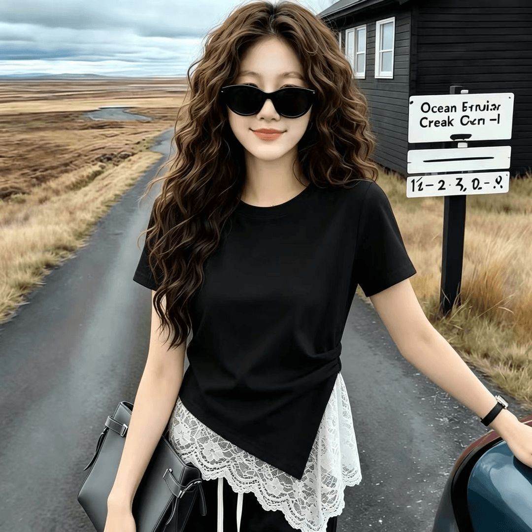 Summer Trendy New Fashion Short-Sleeve T-Shirt for Women, Youthful Design, Irregular Lace Top, Slimming Blouse, Women's Clothing 4