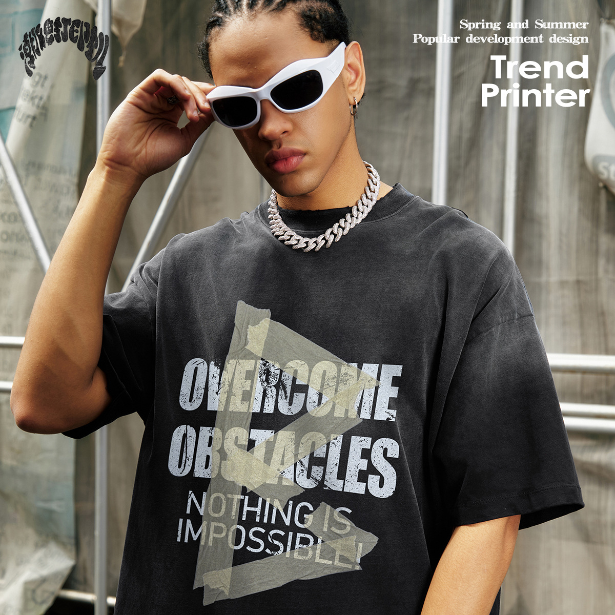 Impresora de marcas| 2025 primavera y verano marca de marea de algodón juvenil tipo suelto lavado camiseta de manga corta de alta calidad para hombres