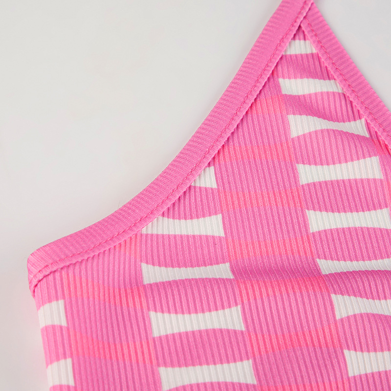 Sexy Women Clothing Barbie Pink Striped Contrast Color Deep V Plunge neck Hollow Out Cutout out Tight Braces Halter Jumpsuit Skinny Trousers