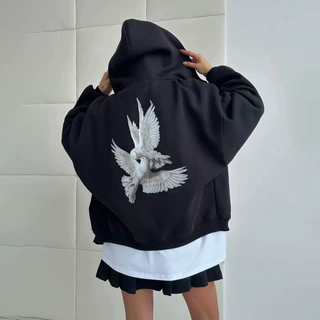 鸽子印花卫衣外套女新款时尚潮流大码慵懒风oversize连帽衫女拉链