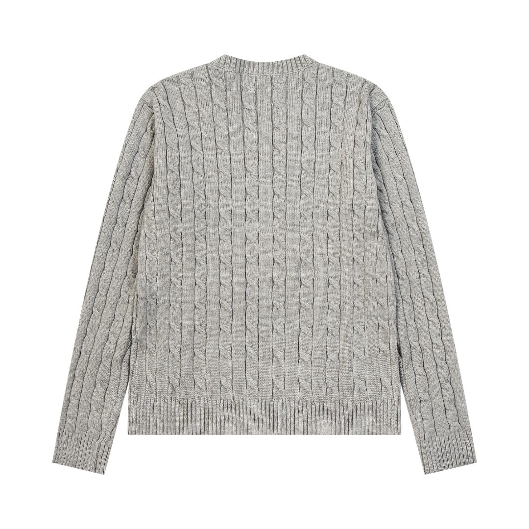 Classic Pony Logo Vintage Gray V-Neck Cable Knit Embroidered Wool Pullover Sweater Wholesale
