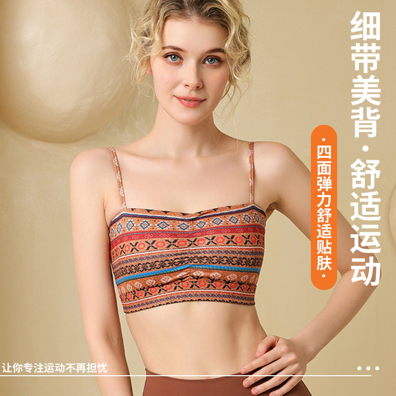 Vintage Printed Sling Sports Bra Women's Bra with Chest Pad Fitness Underwear Yoga Clothing Vest suit Gather-up Bra
