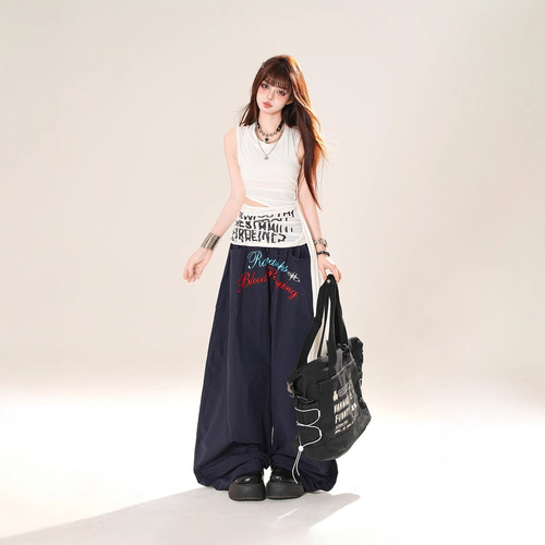 2025 new style American letters embroidered casual machete pants, paratrooper pants, women's design, loose straight, wide-leg pants, trendy
