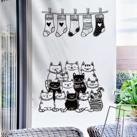 黑白布袋猫卡通儿童房装饰贴画墙贴批发厂家卧室背景墙贴画 46023