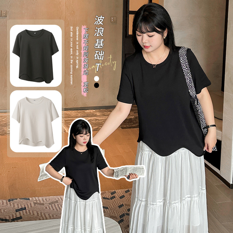 Enoch plus size Women's Irregular Belly Covering Slim Top Summer New Shoulder Crewneck T-shirt 220334