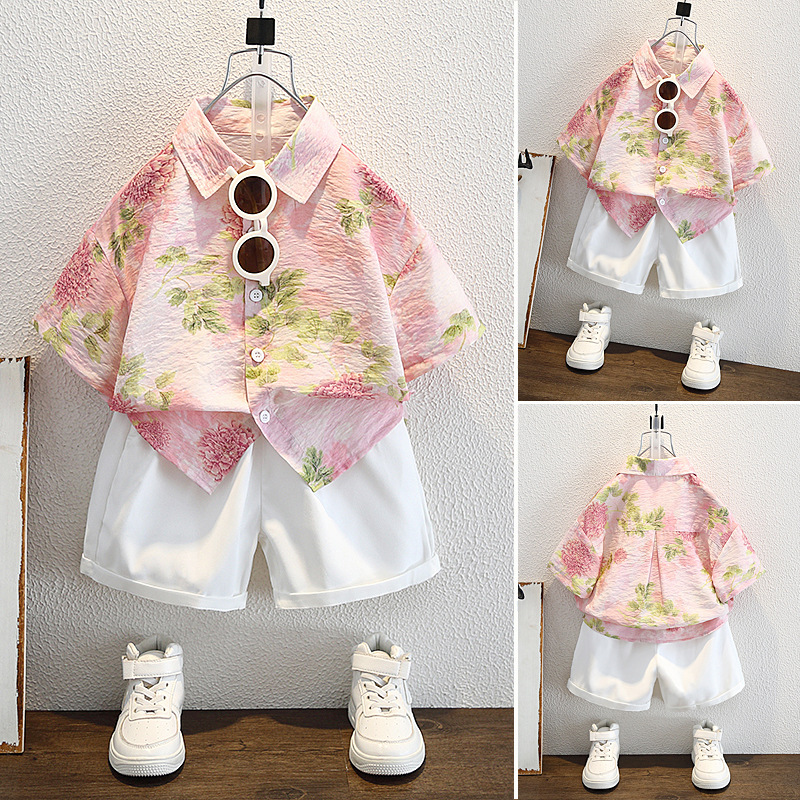 Boys Summer Shirt Suit 2025 New Kidsren's Floral Shirt Thin Boy Hong Kong Style Two-Piece Set Trendy and Handsome