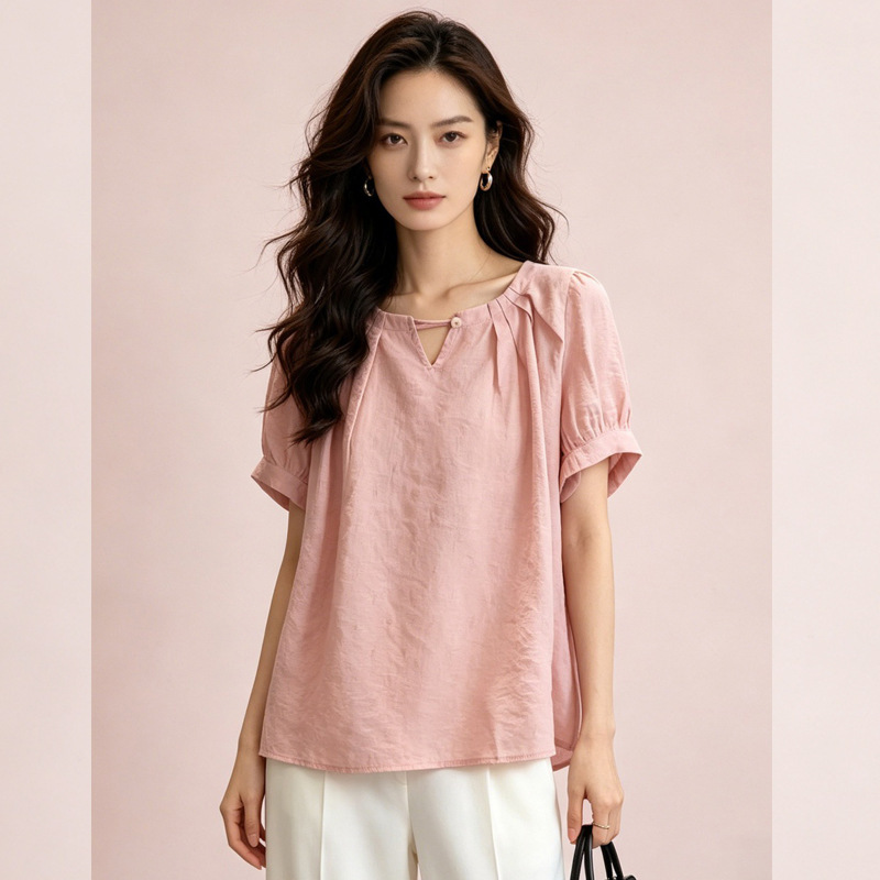 Fashionable Summer Plus-Size Half-Open Collar Short-Sleeve Loose Shirt for Women, Versatile Age-Reducing Top, Solid Color Babydoll Shirt for Plus-Size Girls