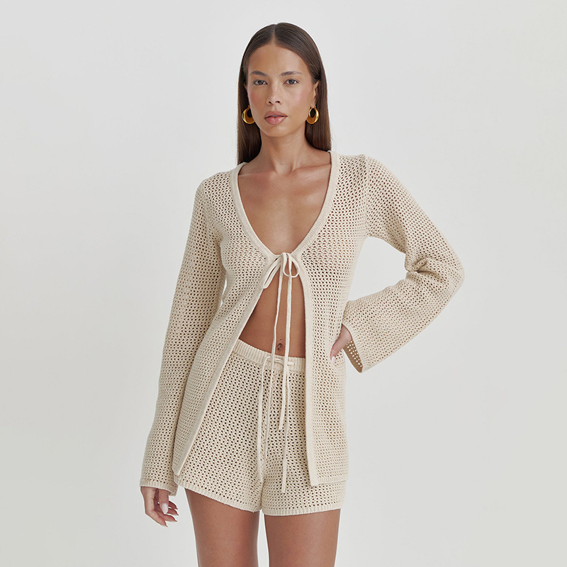 European and American 2025 Summer Hollow Out Lace-up Knitted V-Neck Long Sleeve Cardigan Casual Chic Shorts Holiday Beach suit