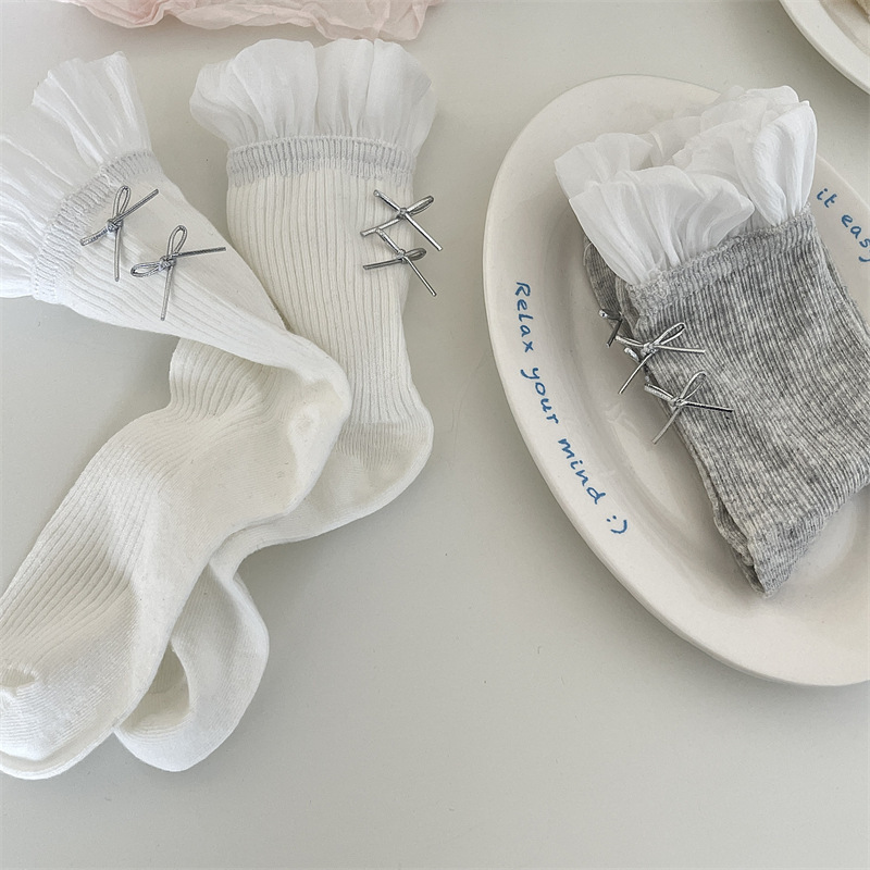 2025 Japanese lace heel bow tube socks spring and summer mesh socks jk sweet women's socks solid color girl 2025 Japanese lace heel bow tube socks spring and summer mesh socks jk sweet women's socks solid color girl