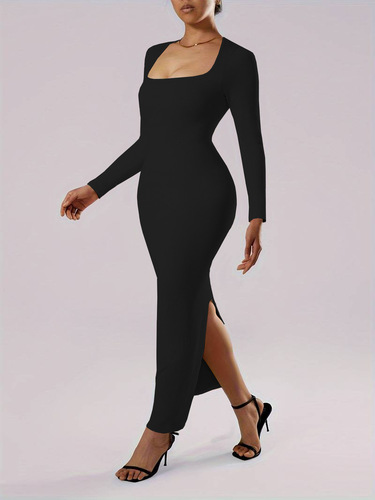 Sheath dress with a V-neckline, suitable for autumn and winter, featuring a petite waist design and reaching to the ankles, in a mature and elegant style for women.