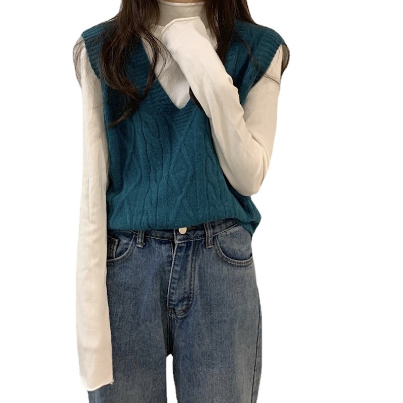 Personalizada primavera y otoño coreana gruesa camiseta de punto de cuello en V chaleco de torsión de mujer con hombros sueltos sin mangas