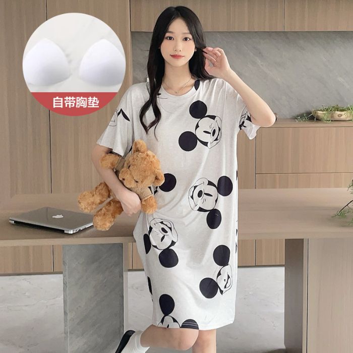 Venta al por mayor transfronteriza verano nuevo pijama mujer leche cinta cojín en el pecho puede dormir desnudo estampado de dibujos animados gran tamaño camisón de manga corta