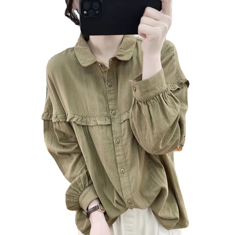 Cotton and linen lantern sleeve shirt for women's spring and autumn, with ruffled edges and long sleeves to reduce age. Genbao collar pure cotton top_voghion.com