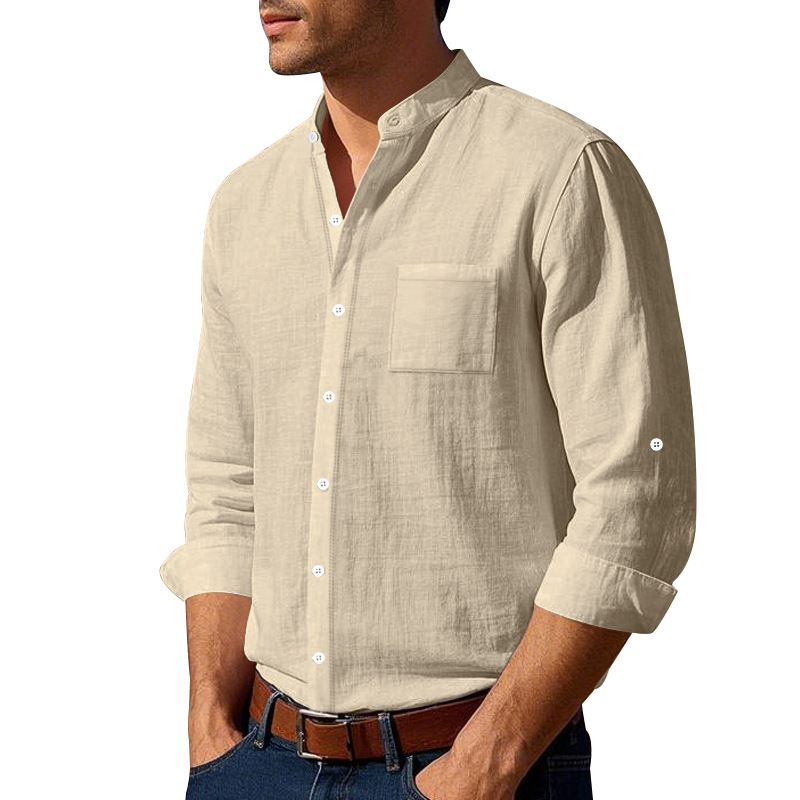 Herren Leinenhemd Mit Stehkragen Für Einen Smarten Freizeit Look_voghion.com