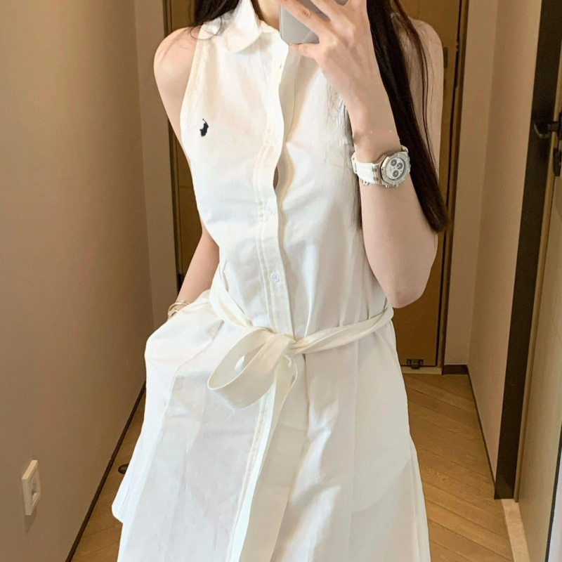 High-Quality Qr Code-Scannable Rl Ralph Lauren White Dress, Fashionable Polo Collar Shirt Dress, Tie-Waist Sleeveless White Moonlight Dress