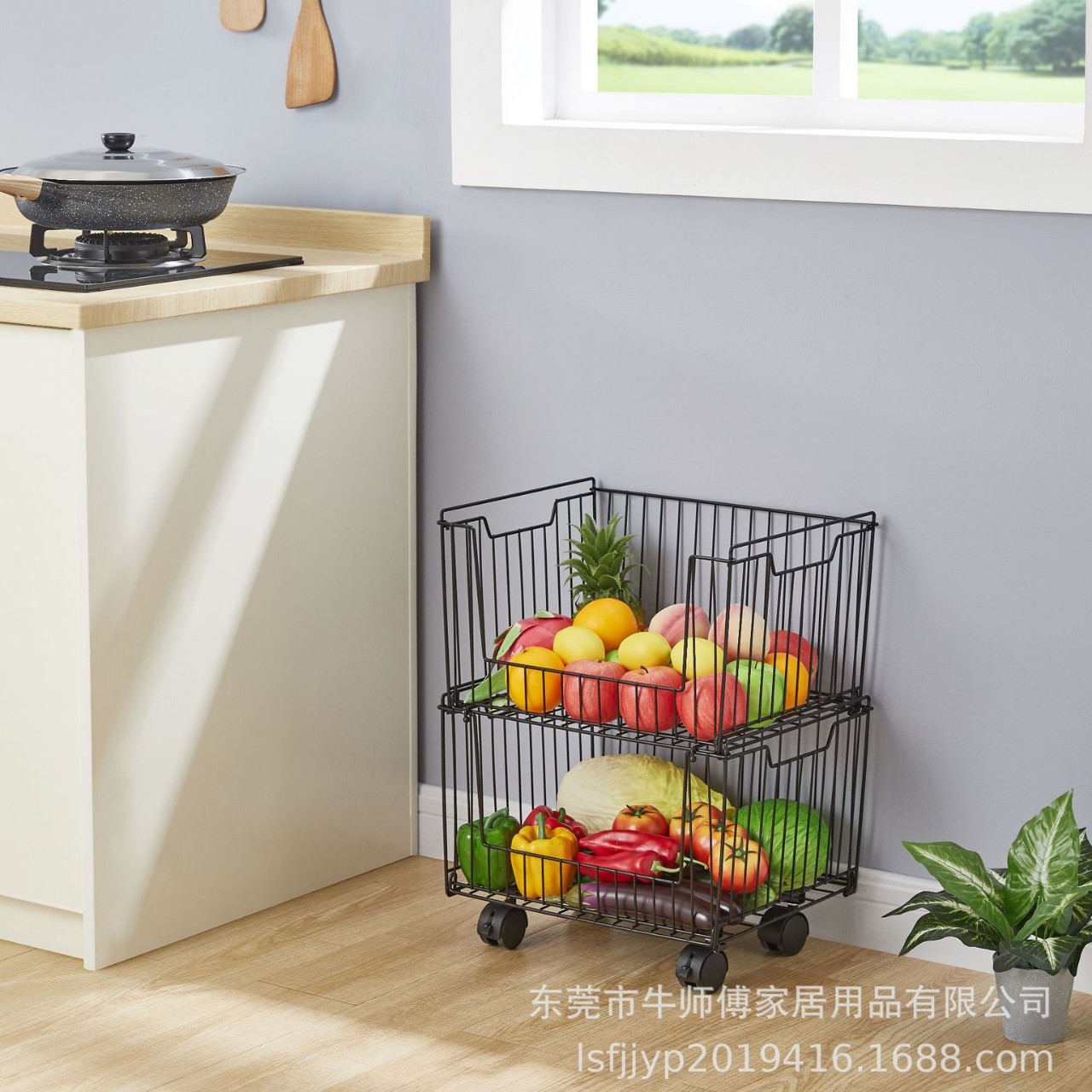 Estante de frutas y verduras de cocina multifuncional, canasta de preparación de bocadillos de dormitorio, estante de almacenamiento de dormitorio, canasta de almacenamiento de hierro forjado, rueda universal